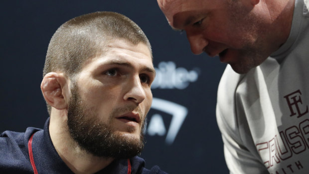 Making a statement: Khabib Nurmagomedov moments before leaving a planned joint press conference after Conor McGregor failed to arrive on time.