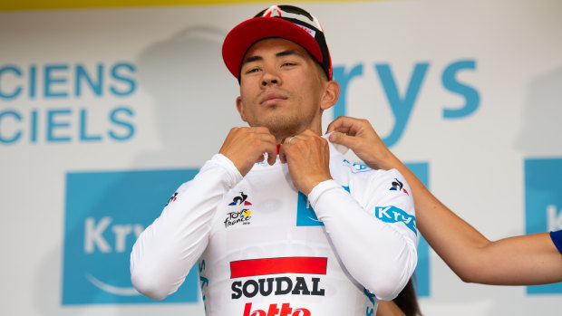 Caleb Ewan was disappointed to finish third but was fitted with the young rider's leader's jersey after stage one.