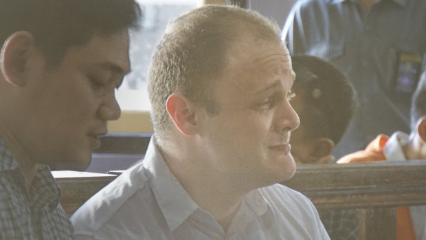 "Please help me": Isaac Roberts weeps as he addresses a Bali court on Wednesday.