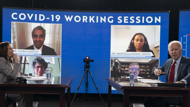 Joe Biden and his running mate, Senator Kamala Harris, talk to the media before they receive a virtual briefing on COVID-19 from public health experts.