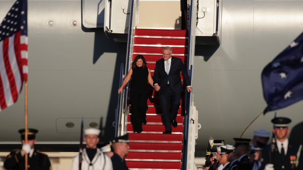 Prime Minister Scott Morrison and Jenny Morrison were given a red-carpet welcome at Joint Base Andrews on Friday morning.