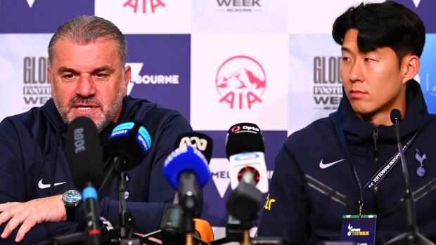 Postecoglou in Melbourne on Tuesday with Tottenham skipper Son Heung-min.