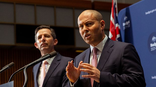 Treasurer Josh Frydenberg, right, and Finance Minister Simon Birmingham at Parliament House earlier this week. 