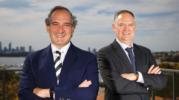 Orocobre CEO Martin Perez De Solay (left) and Galaxy CEO Simon Hay at Galaxy’s office in Perth after finalising details about their $4b merger.