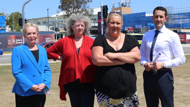 LNP health spokeswoman Ros Bates (left), patients advocate Beryl Crosby, Caboolture Hospital patient Olivia Keating and Queensland Opposition Leader David Crisafulli call for a wider inquiry into Caboolture Hospital.