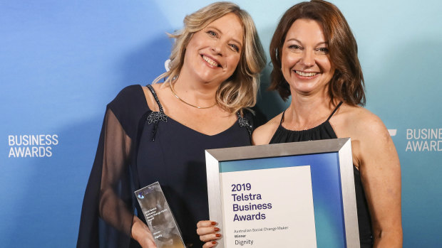 Suzanne Hopman (right), the co-founder of homelessness startup Dignity, with her finance chief Deanna Shim at the Telstra National Business Awards.