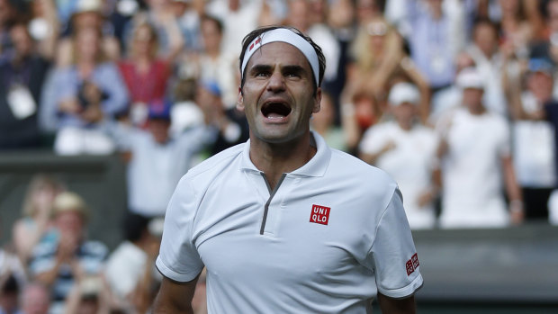 Roger Federer celebrating his impressive semi-final victory over Rafael Nadal.