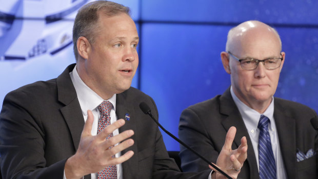 NASA administrator Jim Bridenstine, left, and Tory Bruno, President and CEO of United Launch Alliance, speak after the launch.