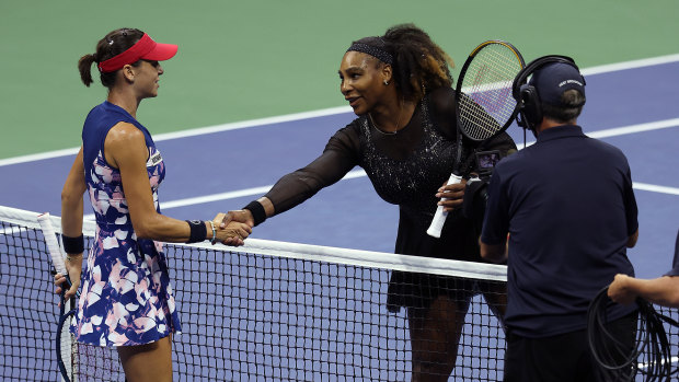Serena Williams congratulates Ajla Tomljanovic after the Australian’s victory at last year’s US Open.