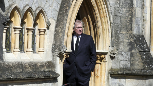 Prince Andrew emerges from the Royal Chapel of All Saints.