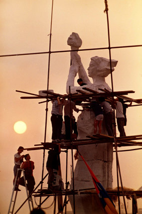 Protesters in Tiananmen Square days before the massacre work on erecting a ''Goddess of Democracy'' statue.