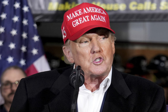 Former US president Donald Trump at the East Palestine Fire Department in the aftermath of the Norfolk Southern train derailment.