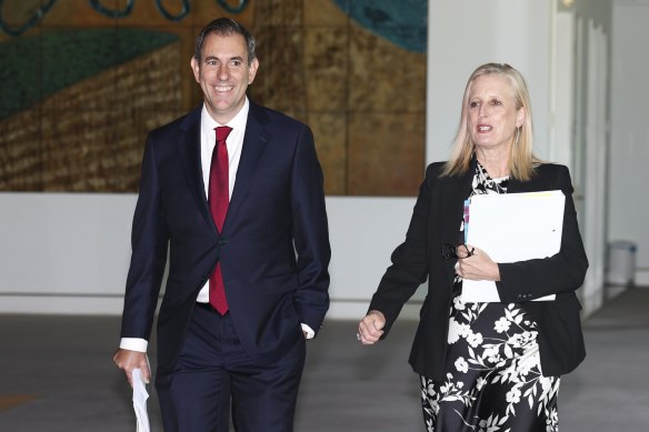 Treasurer Jim Chalmers and Finance Minister Katy Gallagher arrive to enter the budget lock-up at Parliament House in Canberra on Tuesday.