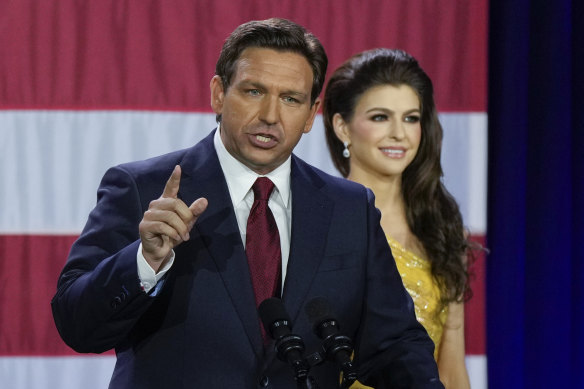 Incumbent Florida Republican Governor Ron DeSantis speaks to supporters at an election night party after winning his race,