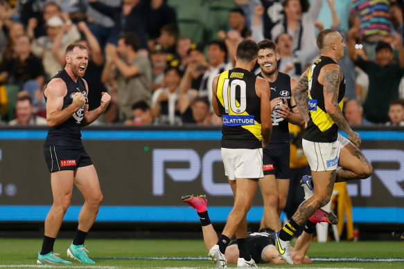 Sam Docherty celebrates on the final siren.