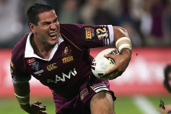 Carl Webb after scoring a try for the Maroons at Suncorp Stadium in 2006. ‘He just wanted to play with aggression,’ says long-time mate Gavin Cooper. 