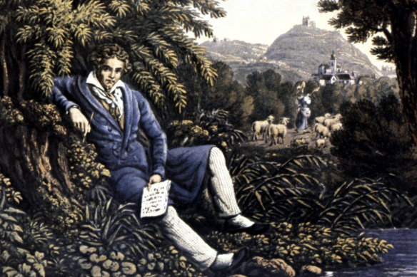Beethoven composing the ‘Pastoral’ symphony by a brook on the outskirts of Vienna, 1807-08. Lithograph, 1834.