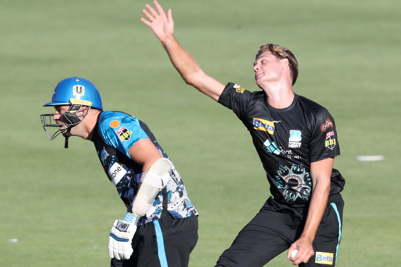 Spencer Johnson of the Heat delivers during the Men’s Big Bash League match against Adelaide Strikers at Adelaide Oval on January 14.