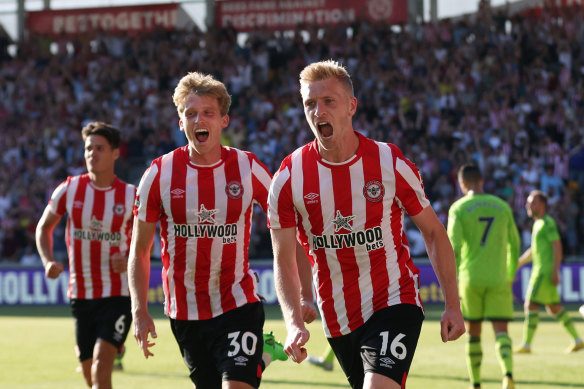 Ben Mee celebrates Brentford's third goal in the 4-0 win over Manchester United.