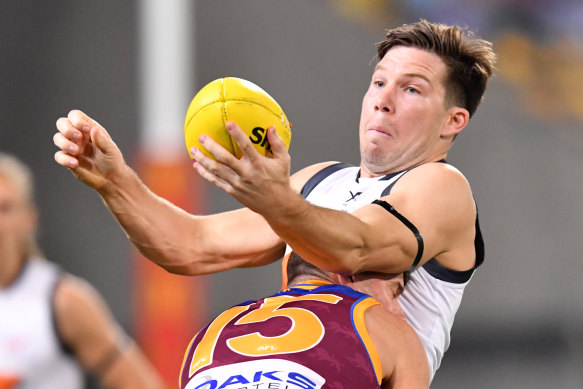 Toby Greene, tackled by Dayne Zorko, was one of the Giants best players. 