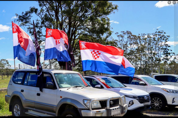 Flags bearing the distinctive U of the Ustasha outside Croatian Club Bosna in western Sydney.