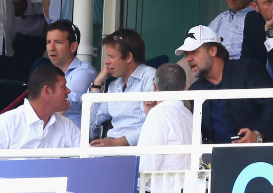 James Packer speaks to Russell Crowe at Lord’s cricket ground in London.