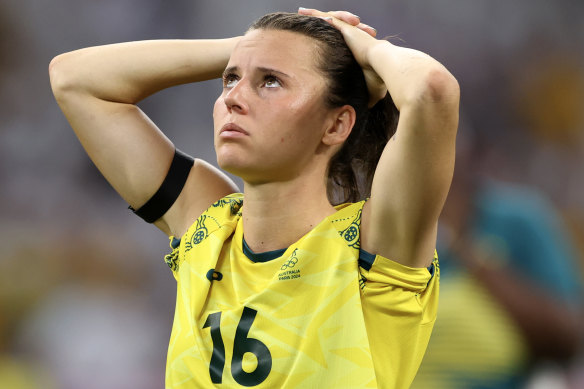 A distraught Hayley Raso at full-time against the United States.