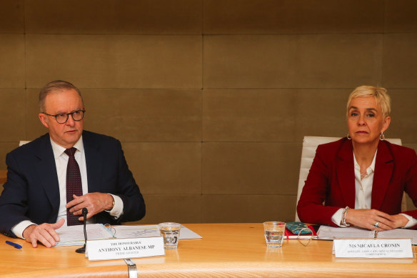 Prime Minister Anthony Albanese and Domestic Family and Sexual Violence Commissioner Micaela Cronin during last week’s national cabinet meeting.