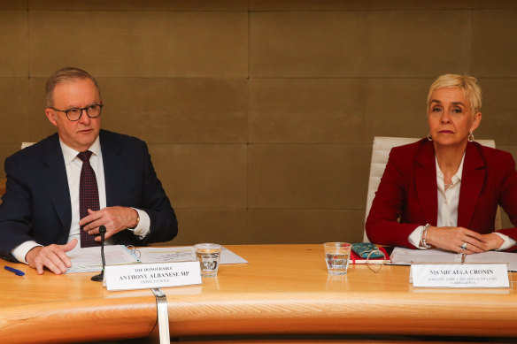 Prime Minister Anthony Albanese and Domestic Family and Sexual Violence Commissioner Micaela Cronin during the meeting of the national cabinet on Wednesday.
