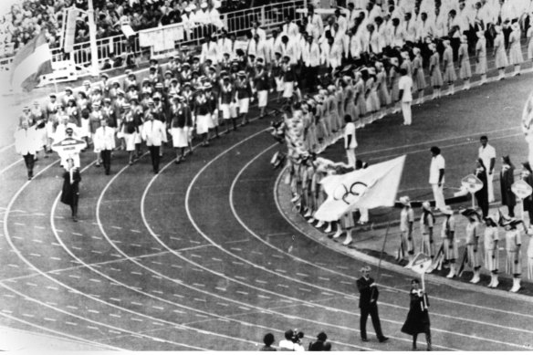 Athletes march into Lenin Stadium during the opening ceremony of the 1980 Moscow Olympics.