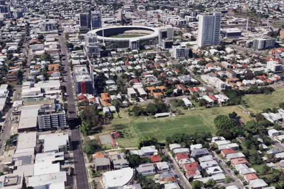 Raymond Park (foreground) is about 500 metres from the Gabba stadium.