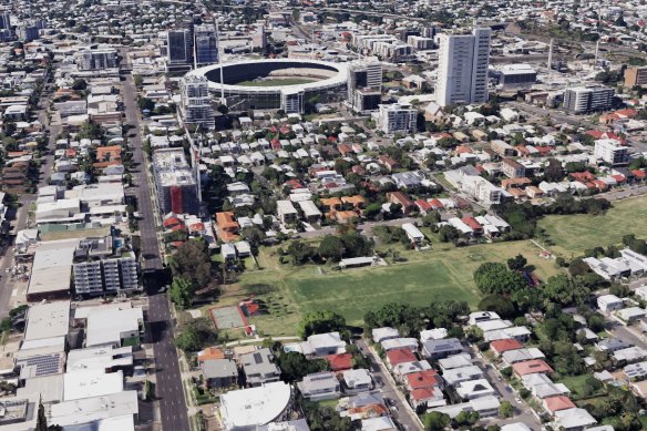 Raymond Park (foreground) is about 500 metres from the Gabba stadium.