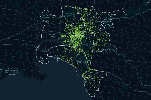 Data from Lime showing where e-scooter journeys are taking place in Melbourne.