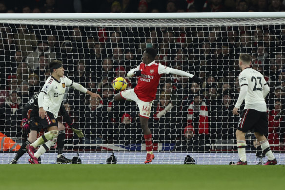 Arsenal’s Eddie Nketiah scores the winning goal against Manchester United.