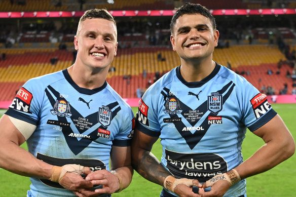 Latrell Mitchell and Jack Wighton in Origin colours in 2021.
