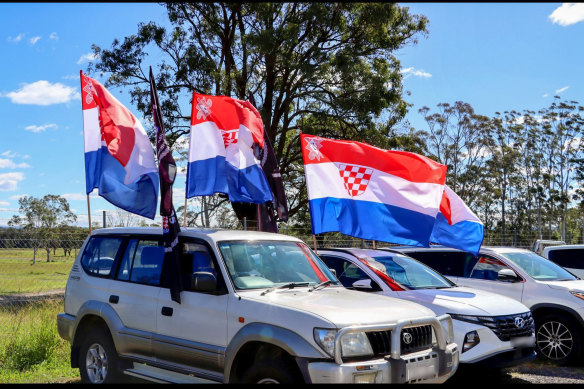 Flags bearing the distinctive U of the Ustasha outside Croatian Club Bosna in western Sydney.
