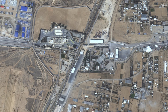A satellite imagine of the Rafah Crossing between Egypt (left) and the Gaza Strip.