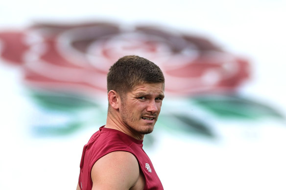 Owen Farrell at England training on Monday.  He will miss the side’s next three matches after sitting out the weekend loss to Ireland.