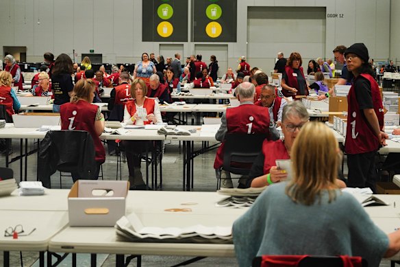 The VEC sorting ballots during the 2024 Victorian council elections.
