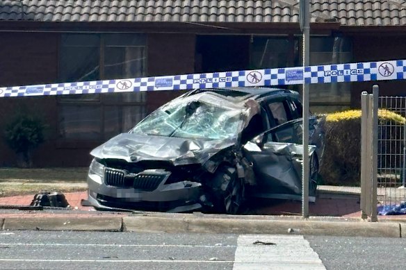 The crumpled Skoda on Friday. 