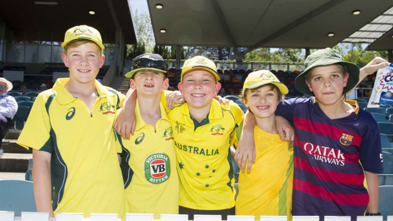 Jesse Rayner 11, Leo Gilchrist 12, Hamish McKee 11, Owen Gilchrist 10 and Bradley Weston are cheering on Australia at the Prime Minister's XI Vs South Africa 2018 game.
