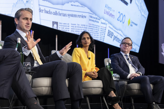 Matt Comyn, CEO, Commonwealth Bank of Australia, Shemara Wikramanayake, CEO, Macquarie Group, and Alan Joyce, CEO, Qantas, at  the Financial Review Business Summit on March 8.