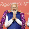 Prime Minister Narendra Modi is garlanded by senior Bharatiya Janata Party leaders Rajnath Singh, left, party President JP Nadda, right, and Amit Shah, at the party headquarters in Delhi.