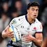 DUNEDIN, NEW ZEALAND - MAY 09: Joseph-Aukuso Suaalii of the NSW Waratahs charges forward during the round 13 Super Rugby match between Highlanders and NSW Waratahs at Forsyth Barr Stadium, on May 09, 2026, in Dunedin, New Zealand. (Photo by Joe Allison/Getty Images)