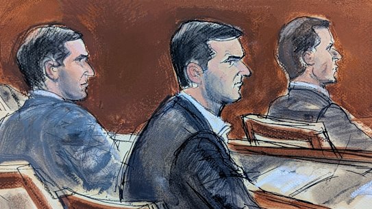 Uno schizzo di (da sinistra) Alon, Oren e Tal Alexander nella corte federale di Manhattan il primo giorno del processo per traffico sessuale martedì.