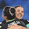 Sam Kerr congratulates Fowler on her return to the international scoreboard.