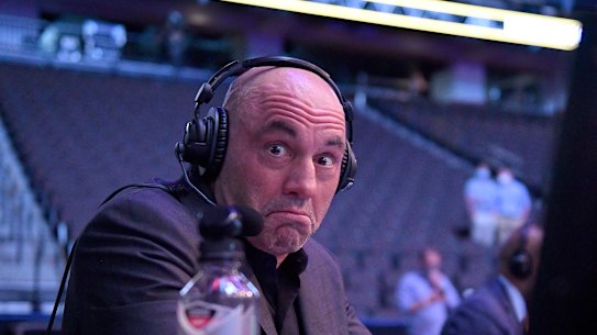 Announcer Joe Rogan reacts during UFC 249 at VyStar Veterans Memorial Arena on May 09, 2020 in Jacksonville, Florida.