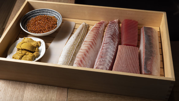 The “jewel box” of raw fish and roe, ready to become nigiri at Aoi Tsuki.