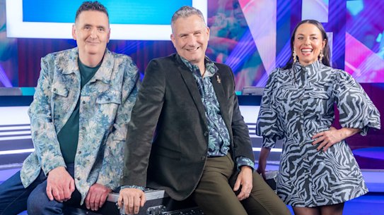 Spicks and Specks’ original crew (from left) Alan Brough, Adam Hills and Myf Warhurst.