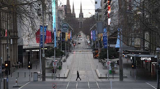 The view along a near-empty Bourke Street towards Spring Street in Melbourne’s CBD on Saturday.